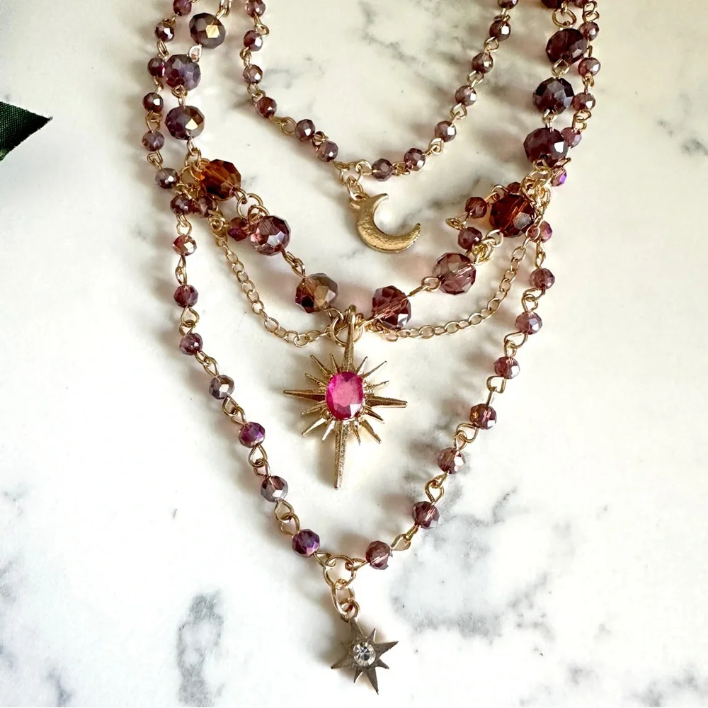 Celestial Layered Choker Necklace Star Moon Pink Purple Gold Tone Vtg Style NEW